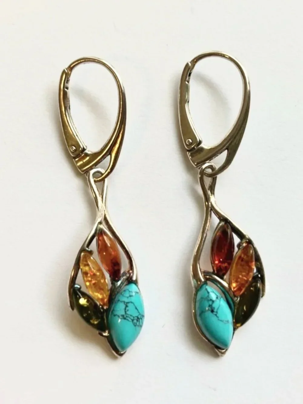 Turquoise and Amber Teardrop Dangle Earrings - Silver Tone